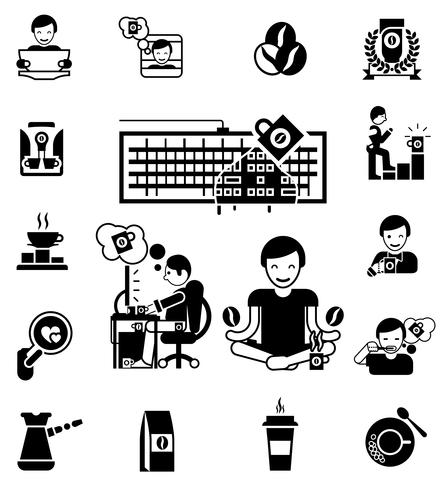 Koffie zwart wit Icons Set vector