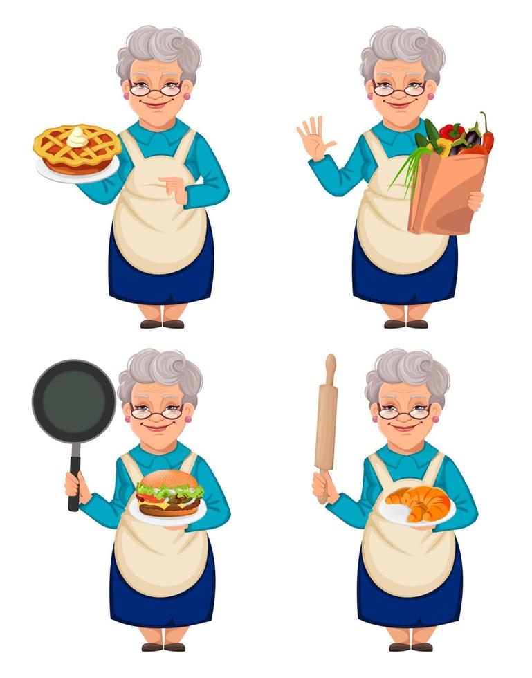 oude schattige vrouw grootmoeder, set van vier poses vector