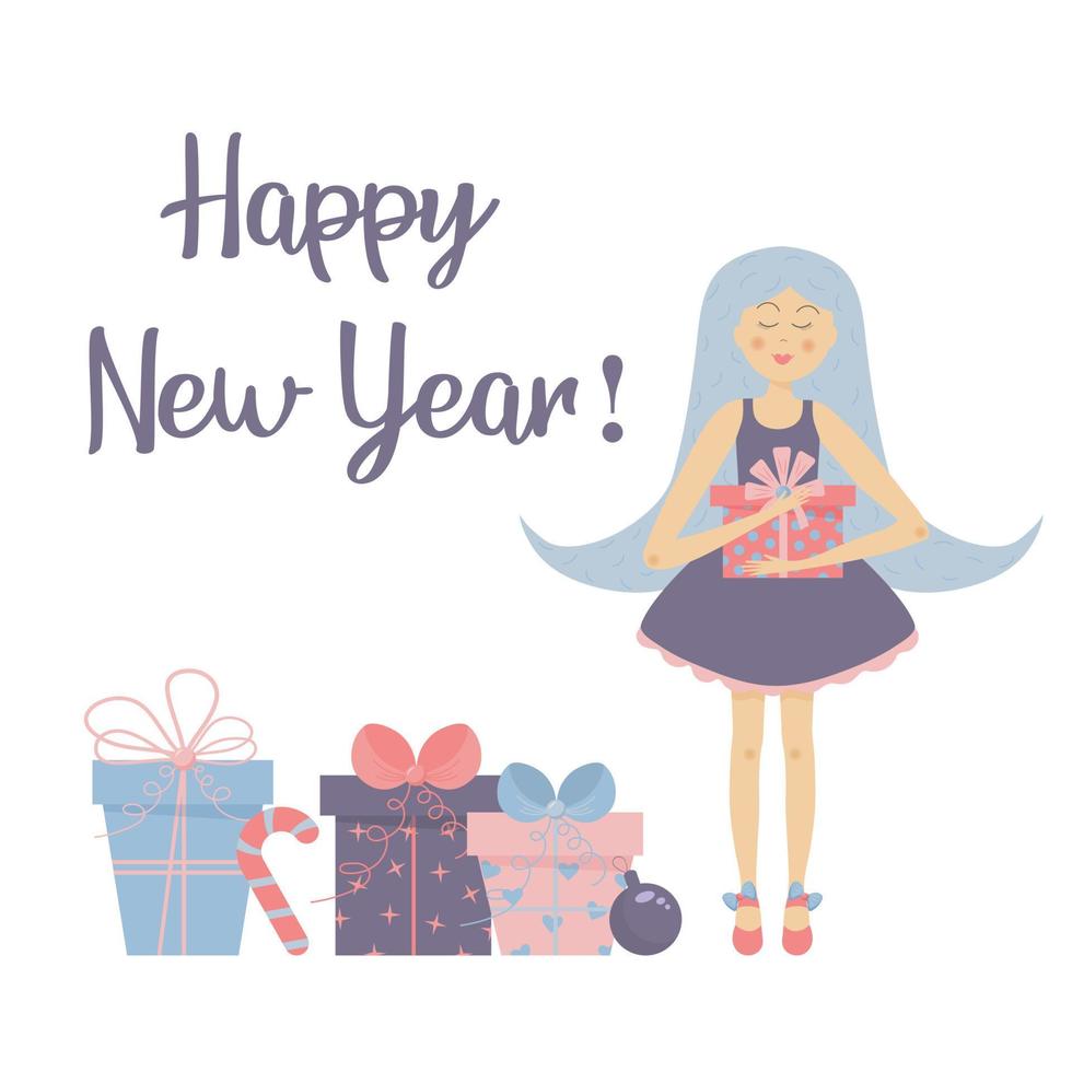 cartoon meisje met geschenkdoos en gelukkig nieuwjaar tekst. vector