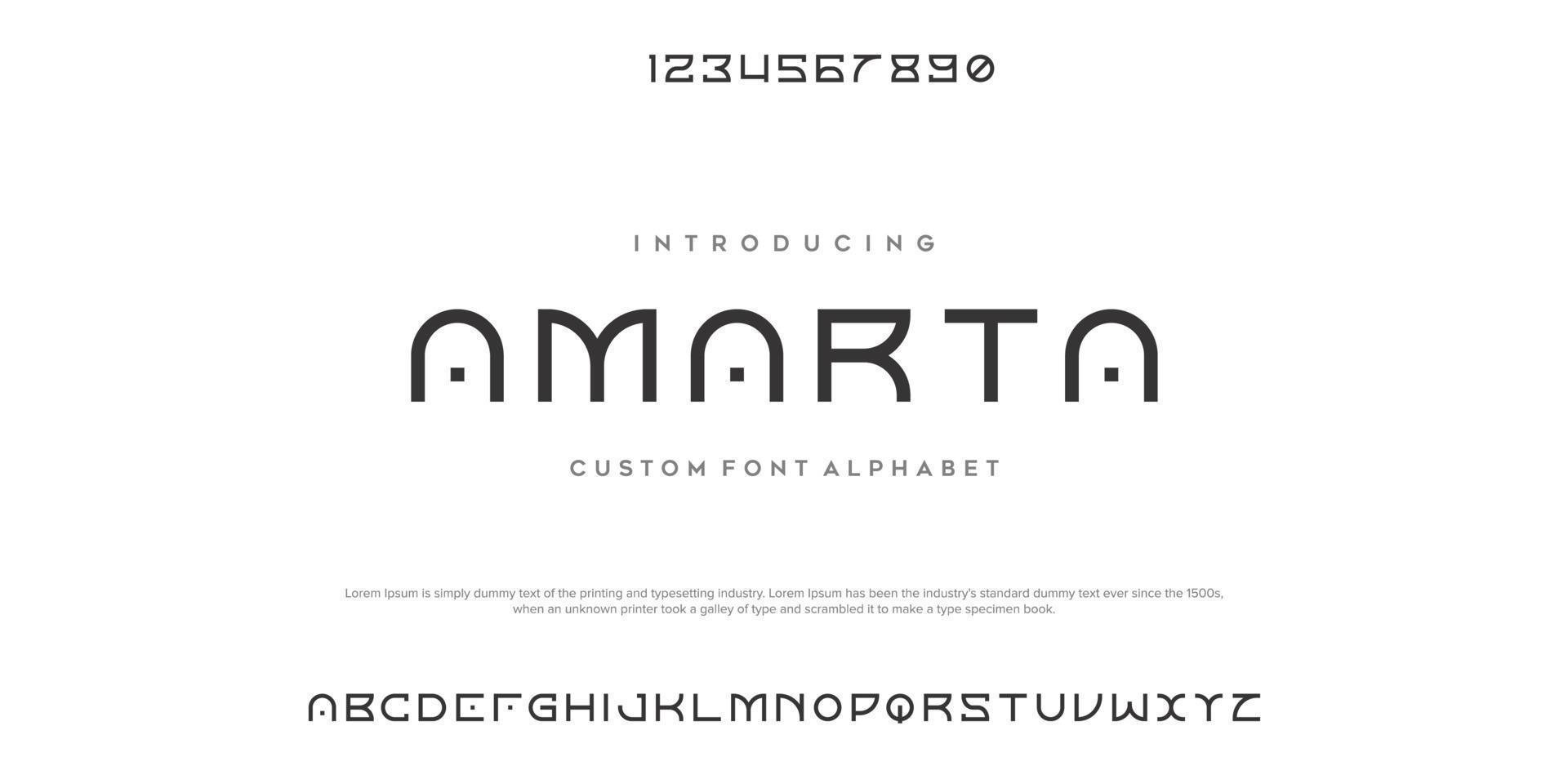 amarta moderne minimale abstracte alfabetlettertypen. typografietechnologie, elektronisch, film, digitaal, muziek, toekomst, logo creatief lettertype. vector illustratie