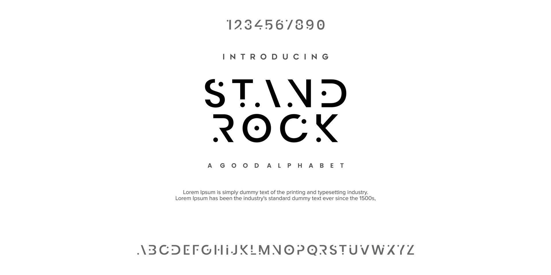 standrock moderne minimale abstracte alfabetlettertypen. typografietechnologie, elektronisch, film, digitaal, muziek, toekomst, logo creatief lettertype. vector illustratie