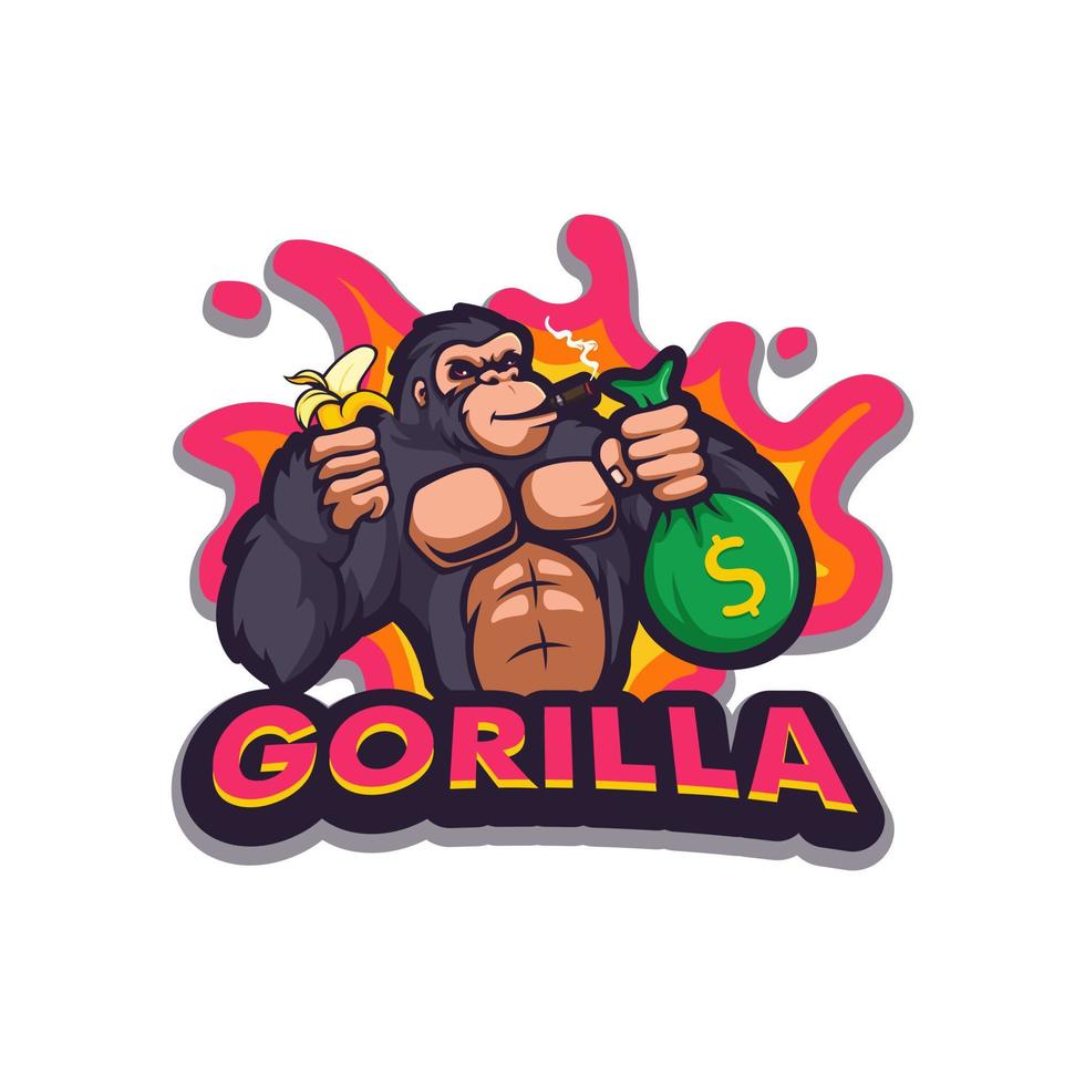 illustratie van gorilla met geldzak en banaan terwijl roken mascotte logo ontwerp illustratie vector