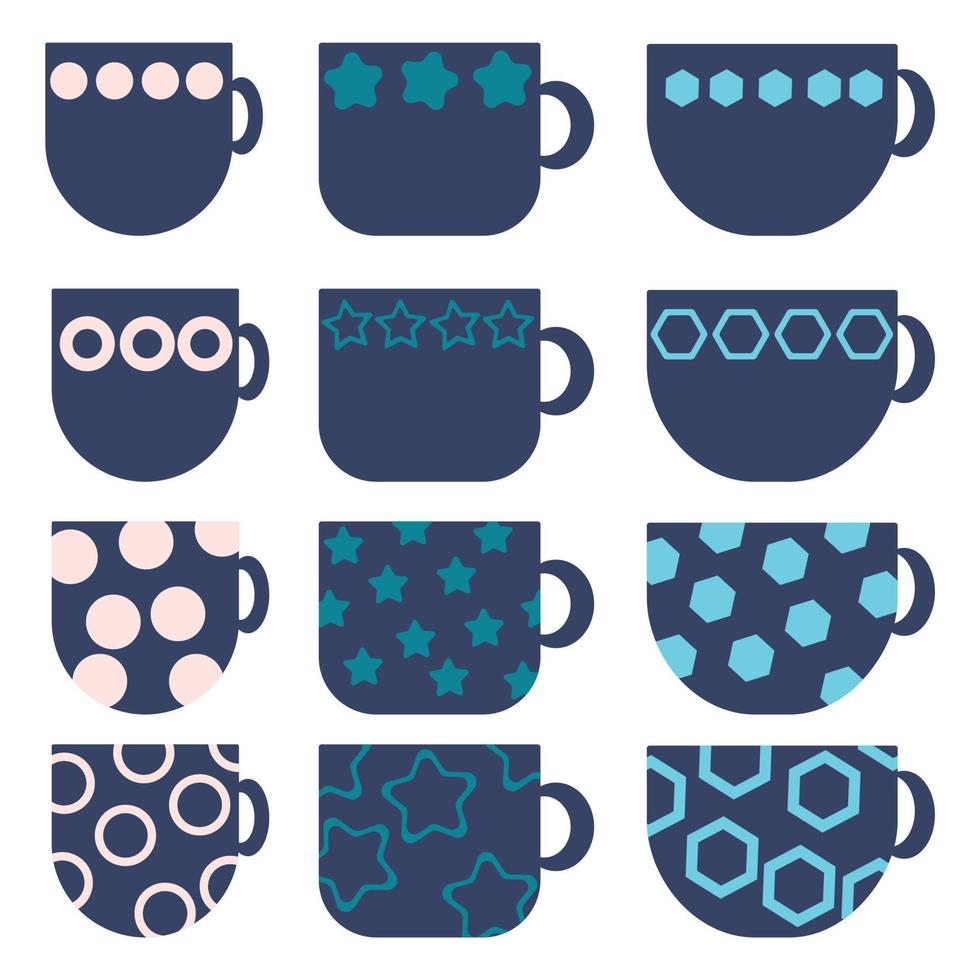 set van eenvoudige platte kopjes met geometrische patronen, blauwe drinkbekers met cirkels, zeshoeken en sterren, gezellige gerechten vector