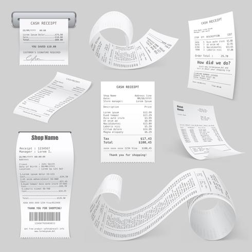 Kasregister afgedrukte ontvangsten Realistische verzameling vector