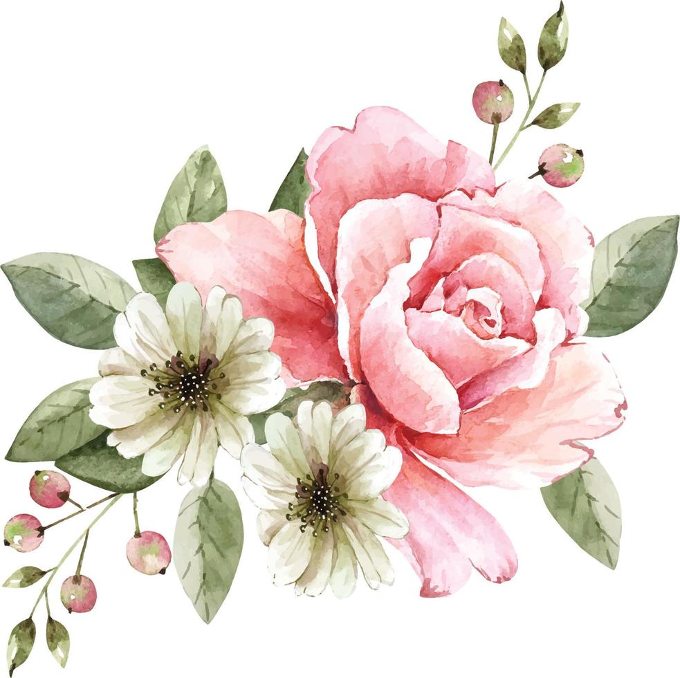 boeket met roze en witte bloemen en groene bladeren vector aquarel handgeschilderd