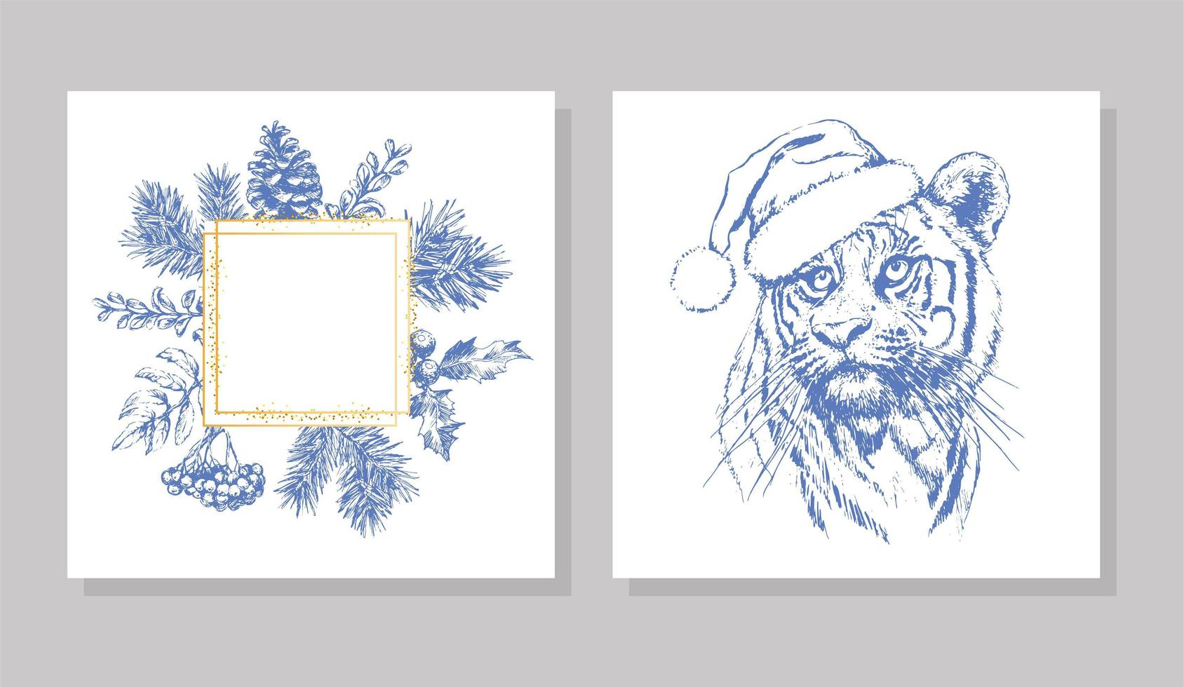 vector frame kerst ballon schets. tijger, schattige handgetekende uitnodiging, wenskaart. vakantie print illustratie, vectorillustratie