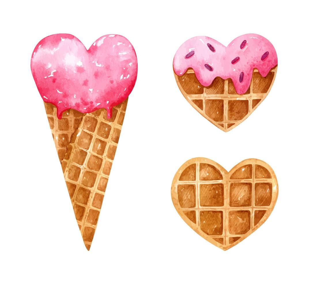 Valentijnsdag aquarel set met hartvormige desserts. Aardbeienroomijs in een wafelhoorntje, wafel met roze glazuur en hagelslag, wafel zonder toppings. perfect voor kaarten, prenten, decor, menu. vector