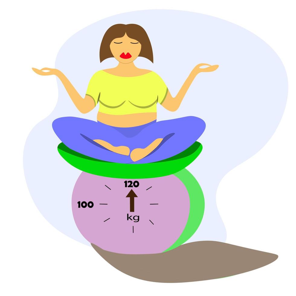 meisje zit in kom op schaal, de weegschaal toont een gewicht van 120 kilogram. lichaam positief. meisje in yogahouding. plus size vrouw. vector stock illustratie