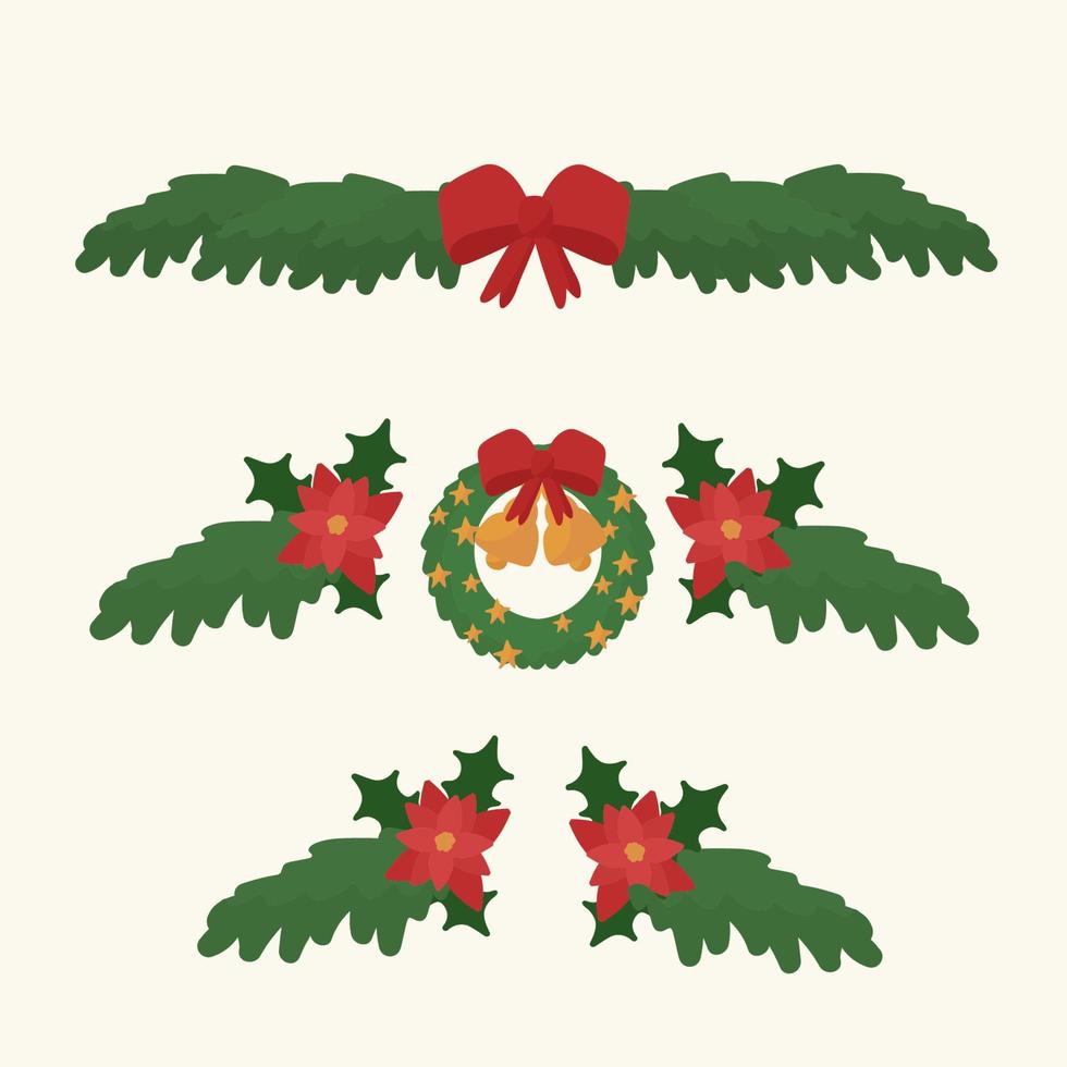 set kerstkrans en decoraties. schattige pictogrammen voor het ontwerpen van wenskaartsjablonen en uitnodigingen. linten en versieringen met een kerstboom. vector illustratie