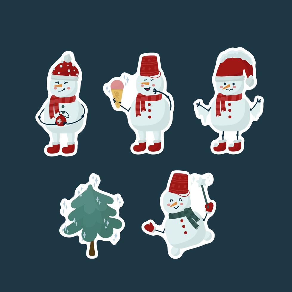 een set stickers met grappige sneeuwmannen. winterkarakters gemaakt van sneeuw en een wortel in plaats van een neus. Gelukkig nieuwjaar en vrolijk kerstfeest. vector illustratie