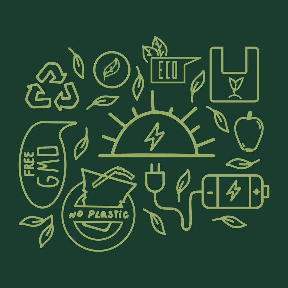 een patroon met organische en ecologische pictogrammen in een doodle-cirkel. achtergrond over het milieu. met duurzame bio, organische en ecologie voor textiel. vector illustratie