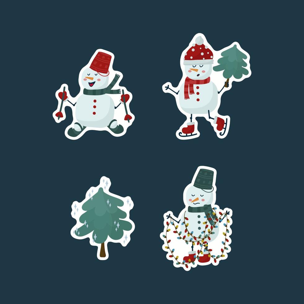 een set stickers met schattige sneeuwfiguren. wintersneeuwmannen voor uw ontwerp. Gelukkig nieuwjaar en vrolijk kerstfeest. vector illustratie