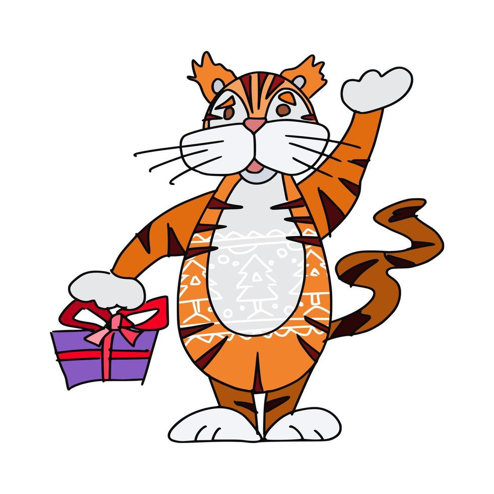 tijger zwaaiende hand met een geschenk met een boog doodle vector