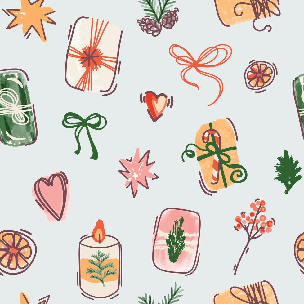 kerstcadeautjes naadloos patroon. diverse dozen verpakt in papier met accessoires om te decoreren. handgetekende vectorillustratie voor textiel of inpakpapier vector