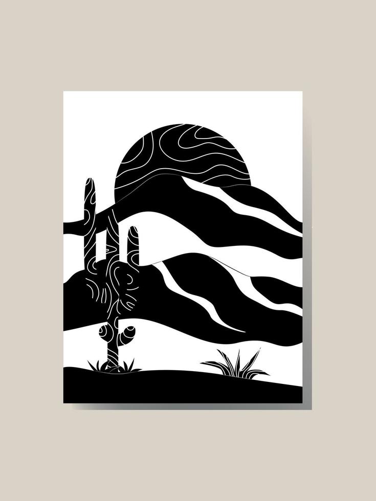 abstract landschap met saguaro cactus en plant in zwarte en witte kleuren. cactus, schaarse vegetatie, woestijnduinen en bergen. monochrome compositie. muur kunst. vectorillustratie. vector