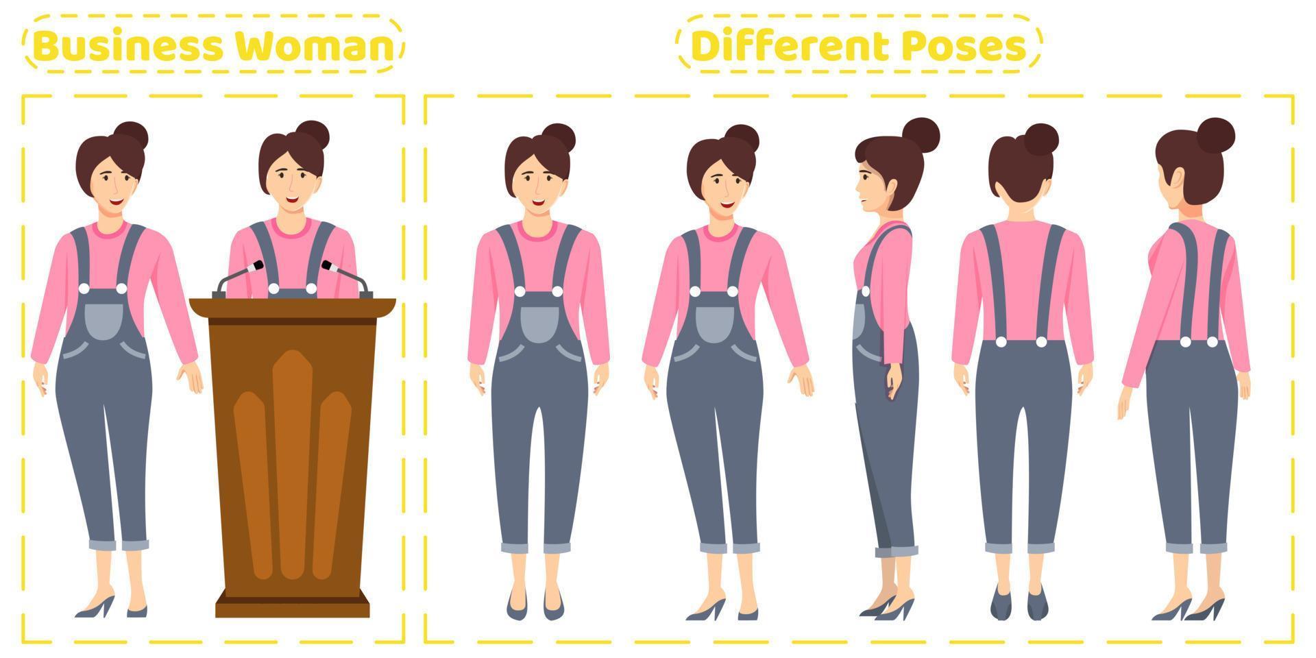zakenvrouw tekenset met schattige zakelijke outfit met verschillende poses voorkant achteraanzicht met vrolijke gezichtsuitdrukkingen animatie creatie vector