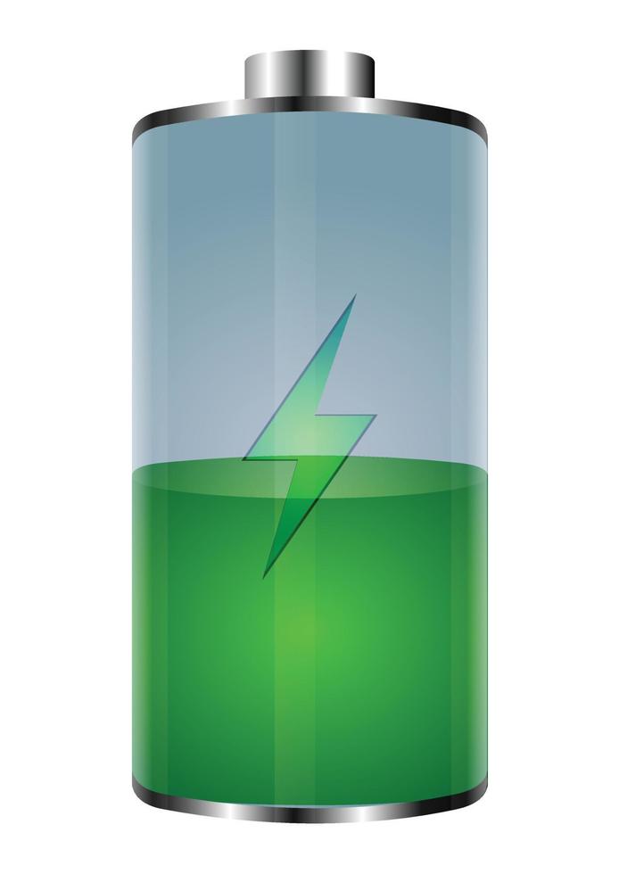 vector groene batterij, half opgeladen. 3D-realistische illustratie van de machtsbatterij op witte achtergrond