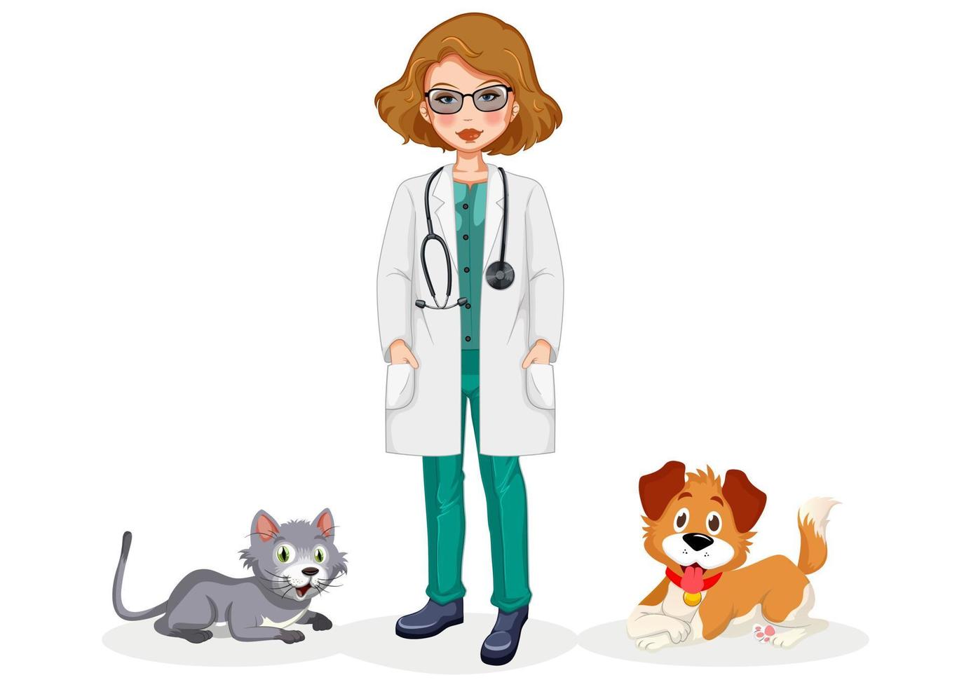 veterinaire arts met kleine kat en hond geïsoleerd op een witte achtergrond. specialist dierenkliniek. vectorillustratie van dierenarts, kitten en puppy vector