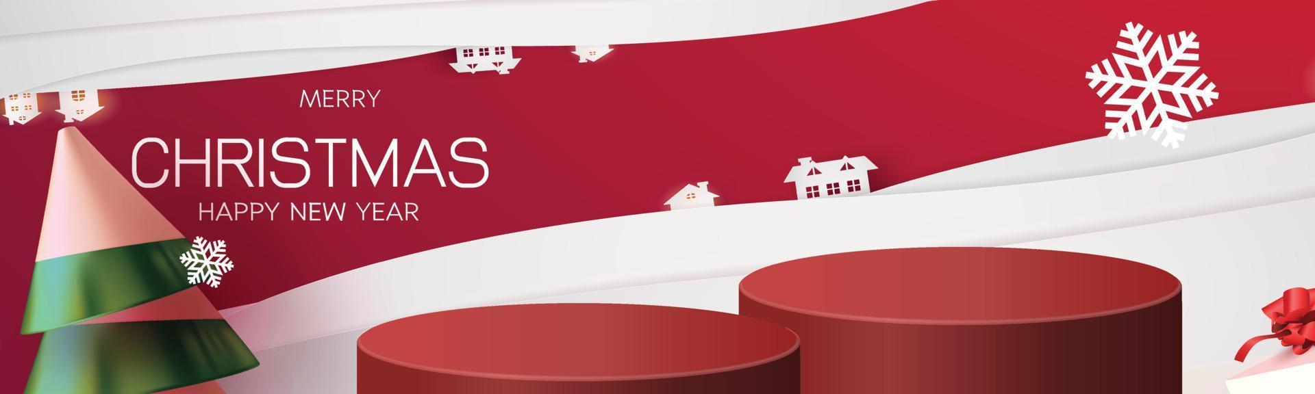 podium podium kerst nieuwjaar rode achtergrond boom voor mockup winkelen reclame vectorillustratie vector