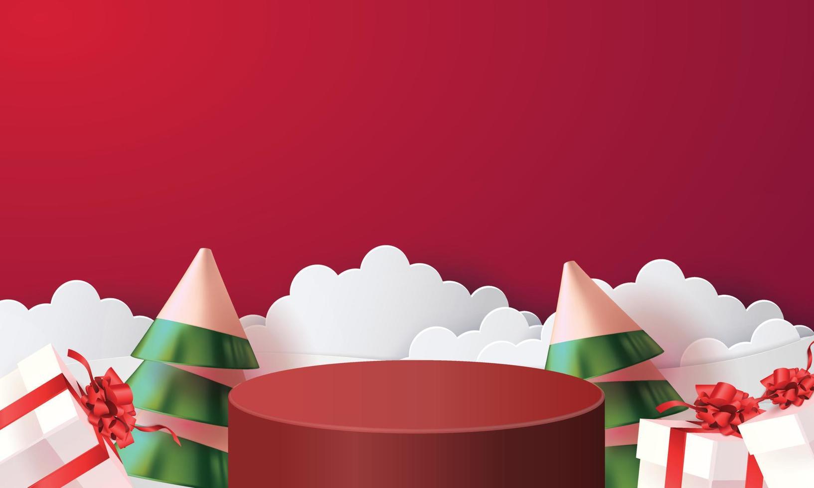 podium podium kerst nieuwjaar rode achtergrond boom voor mockup winkelen reclame vectorillustratie vector