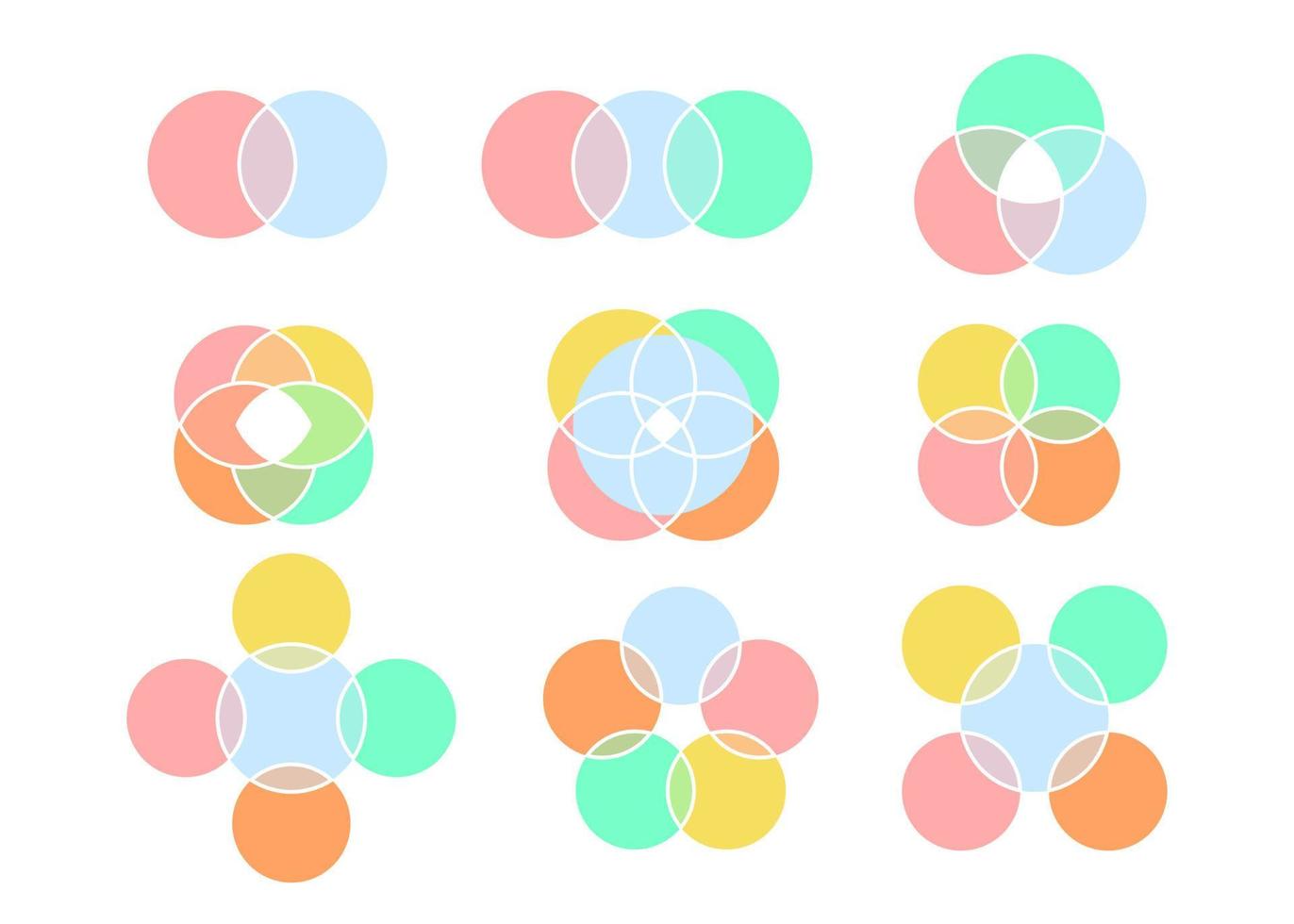 soorten kleur venn diagram, grafiek cirkel snijpunt. manier om informatie weer te geven in de vorm van kruisende cirkels. wiskundige infographic. 2, 3, 4, 5 en 6 kruispunten. vector illustratie