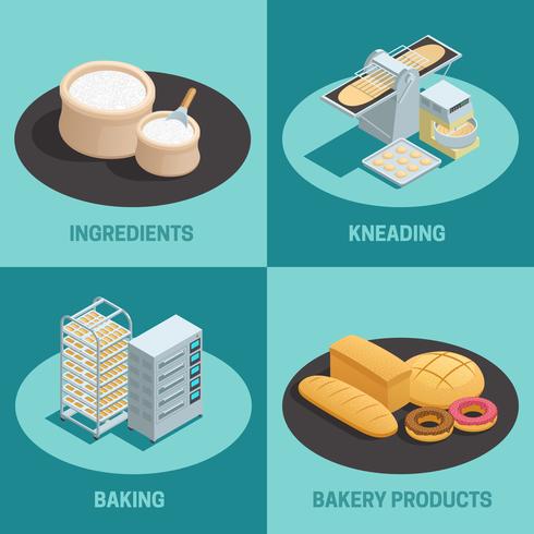 Vier bakkerij fabriek isometrische Icon Set vector