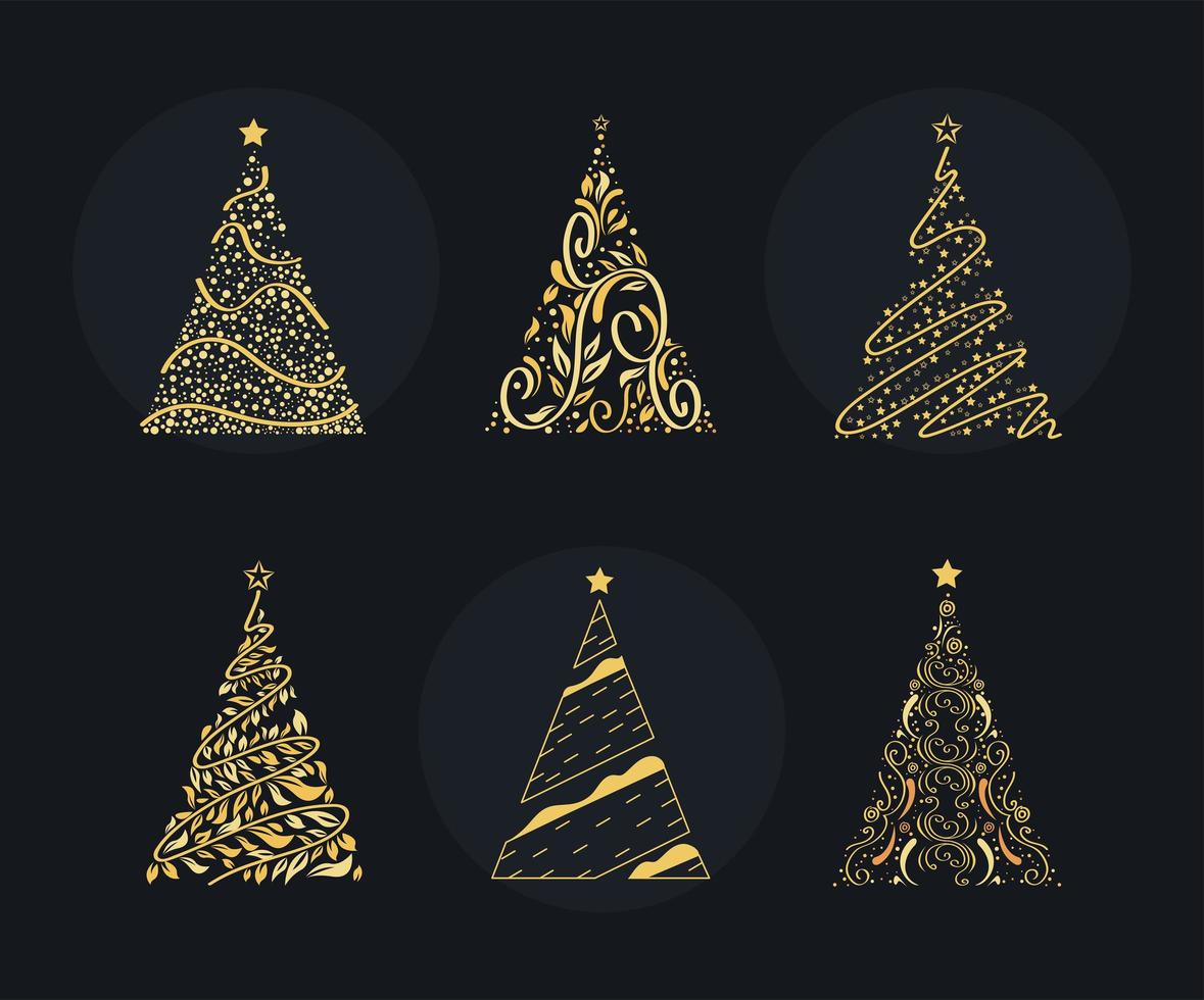 zes gouden kerstbomen vector