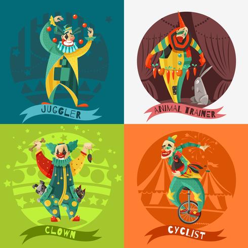 Circus Clowns 4 Pictogrammen Vierkant Concept vector