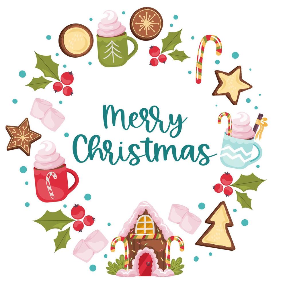 kerst ronde ontwerp met tekst vrolijk kerstfeest, peperkoek huis op witte achtergrond. peperkoekkoekje, cacao met marshmallow en lolly voor decoraties voor de feestdagen. vectorillustratie. vector