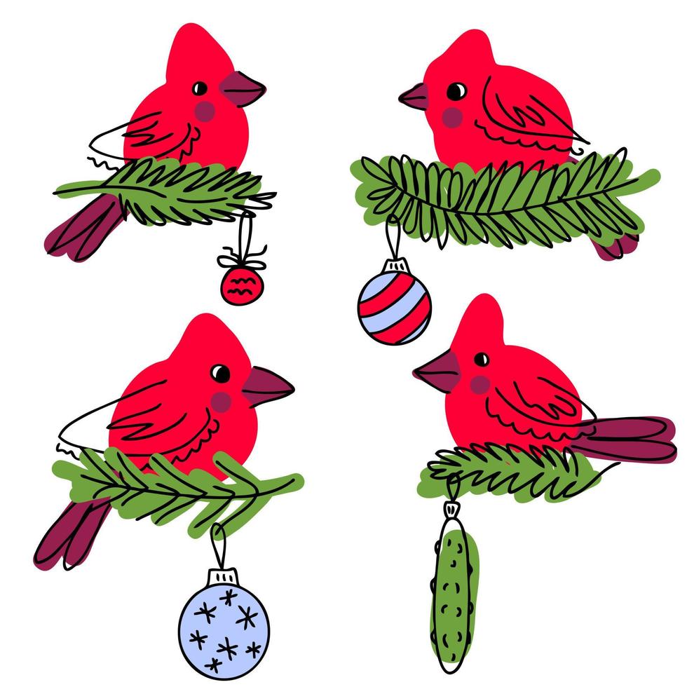 noordelijke kardinaal vogels op kerstboom tak doodle collectie. vector