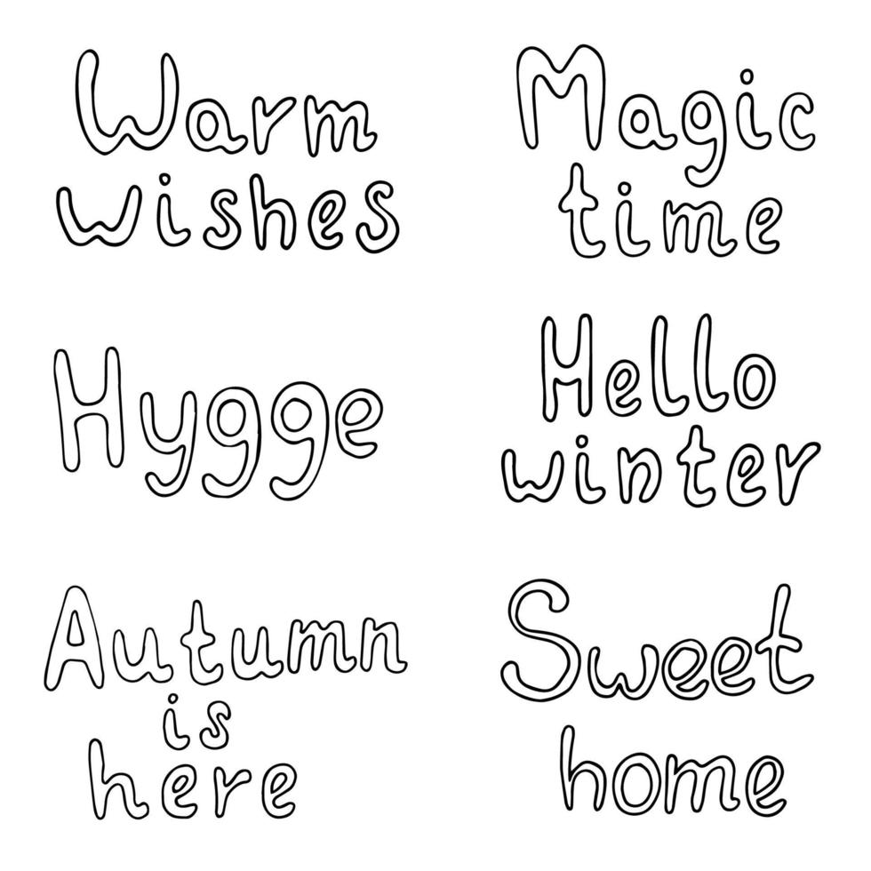 schattige vector handgetekende letters in doodle stijl. zoet huis, magische tijd, warme wensen, hallo winter, hygge, de herfst is hier. geïsoleerd op een witte achtergrond.