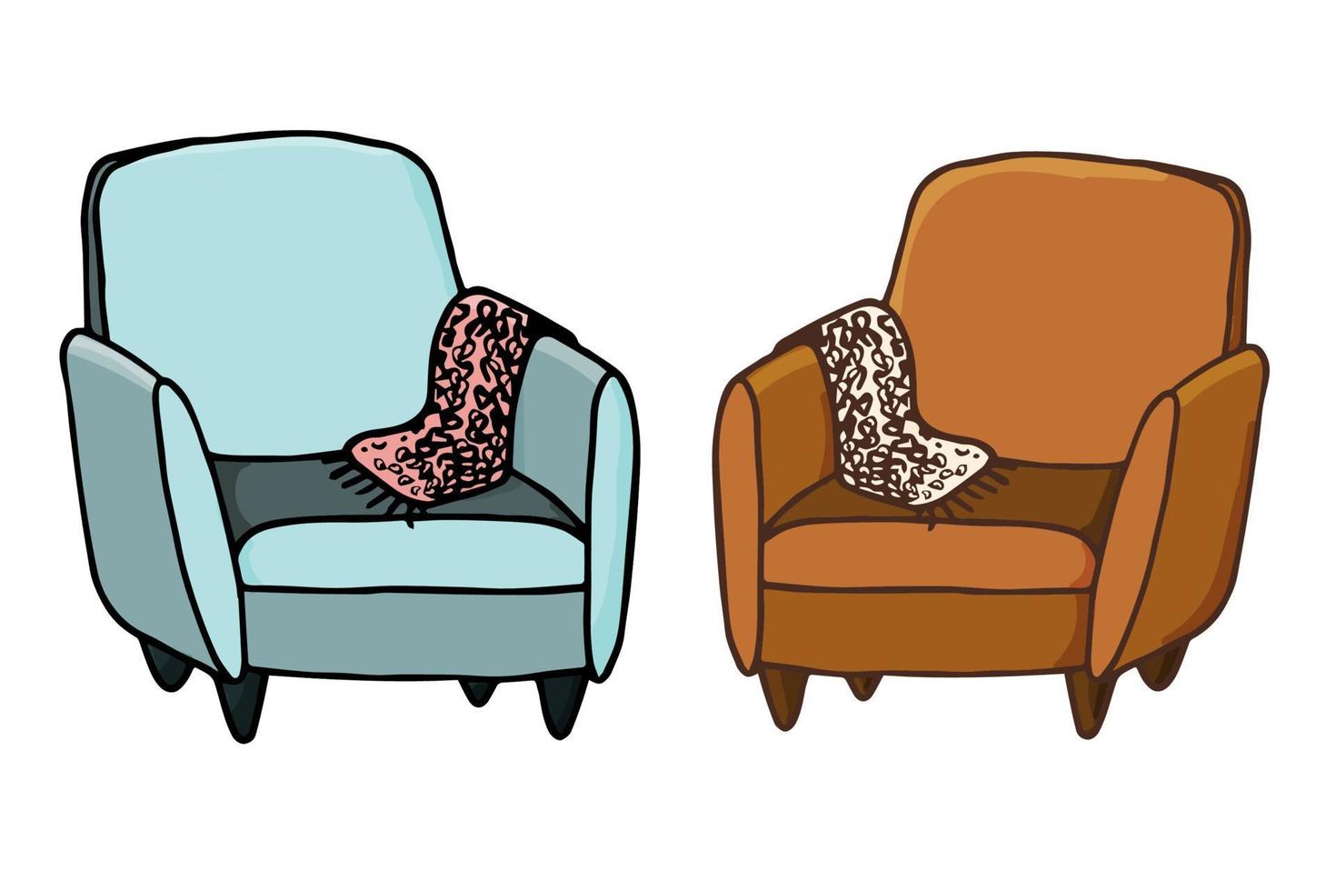 set van twee stoelen met een deken. gezellig huis, ochtendstemming. hand getrokken vectorillustratie in doodle stijl geïsoleerd op een witte achtergrond. vector