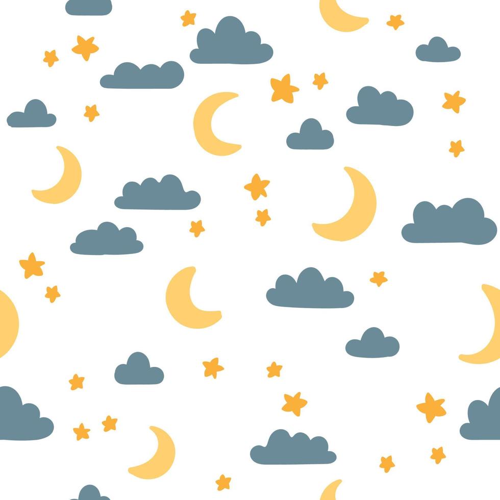 nachtelijke hemel naadloze patroon. sterren, maan, wolken vector achtergrond. schattige kinderachtige illustratie voor stof, scrapbooking, inpakpapier, kinderkamerposter.