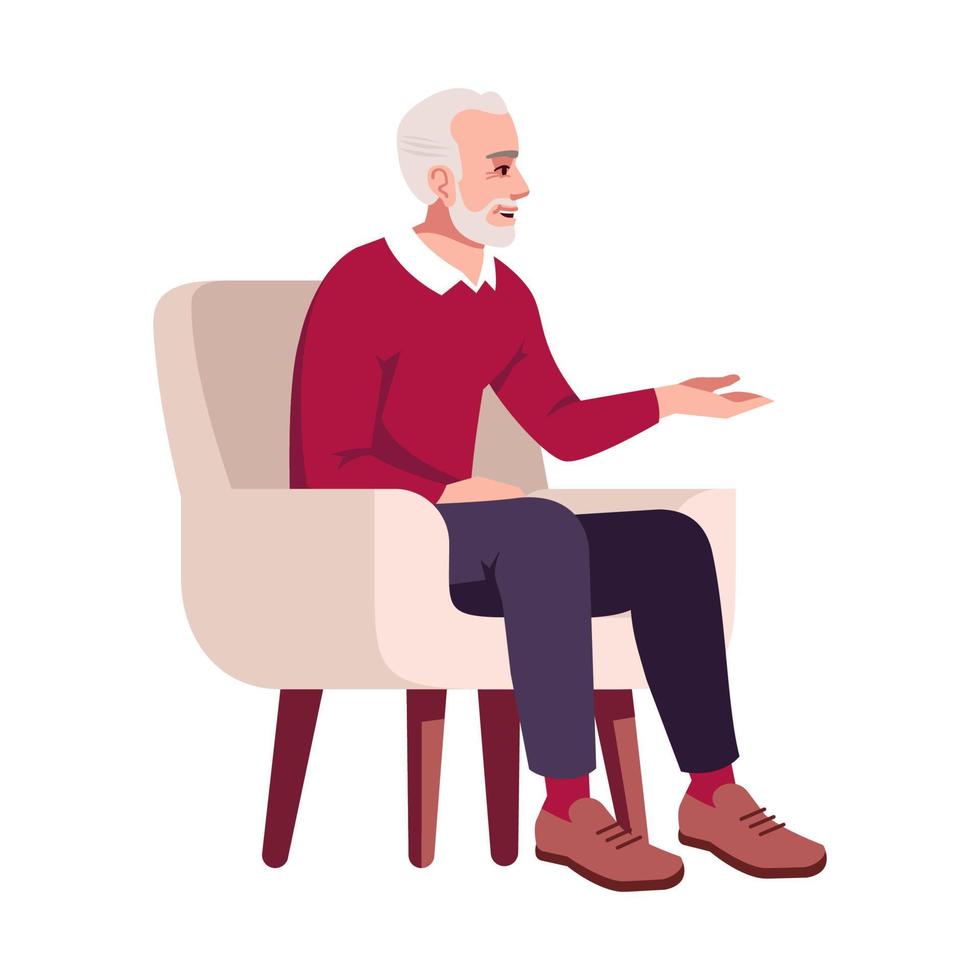 oudere man in fauteuil semi platte rgb kleur vectorillustratie. gepensioneerde praten. gepensioneerde die deelneemt aan een gesprek. psychologisch consult. geïsoleerde stripfiguur op witte achtergrond vector