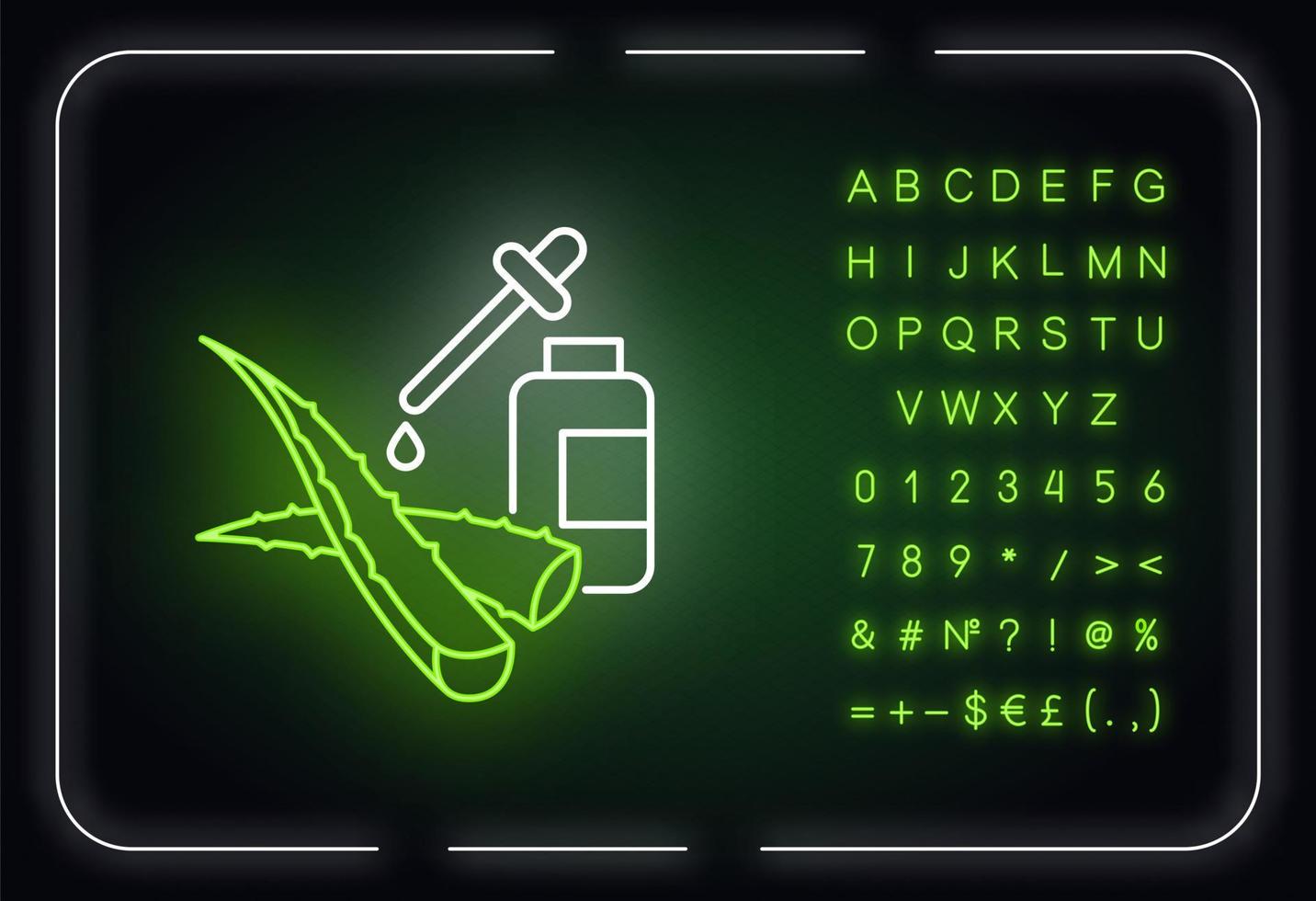 gezichtsserum neonlicht icoon. plantaardige vloeistof. geneeskrachtig botanisch sap. aloë vera-extract. buitenste gloeiende effect. bord met alfabet, cijfers en symbolen. vector geïsoleerde rgb-kleurenillustratie