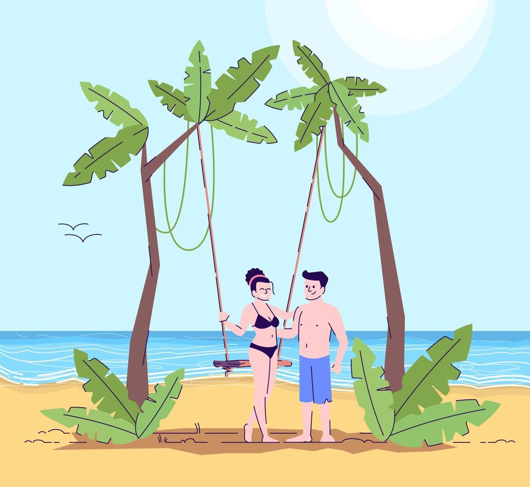 paar op strand met palmbomen platte doodle illustratie. romantische activiteit. slingerend. vakantie in exotisch land. kust. Indonesië toerisme 2d stripfiguur met omtrek voor commercieel gebruik vector