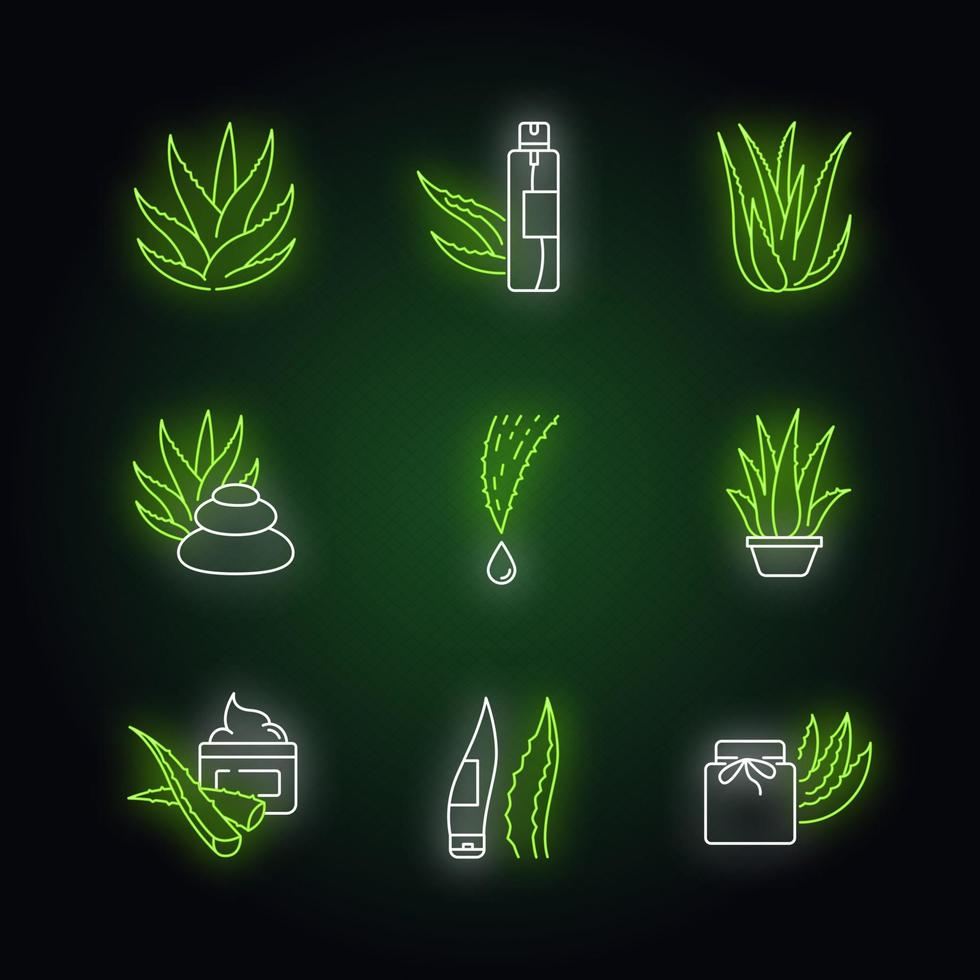 aloë vera neonlicht pictogrammen instellen. biologische cosmetische spray. spabehandeling met geneeskrachtige kruiden. plant spruiten. kamerplant in pot. borden met buitenste gloeiende effect. vector geïsoleerde rgb-kleurenillustraties