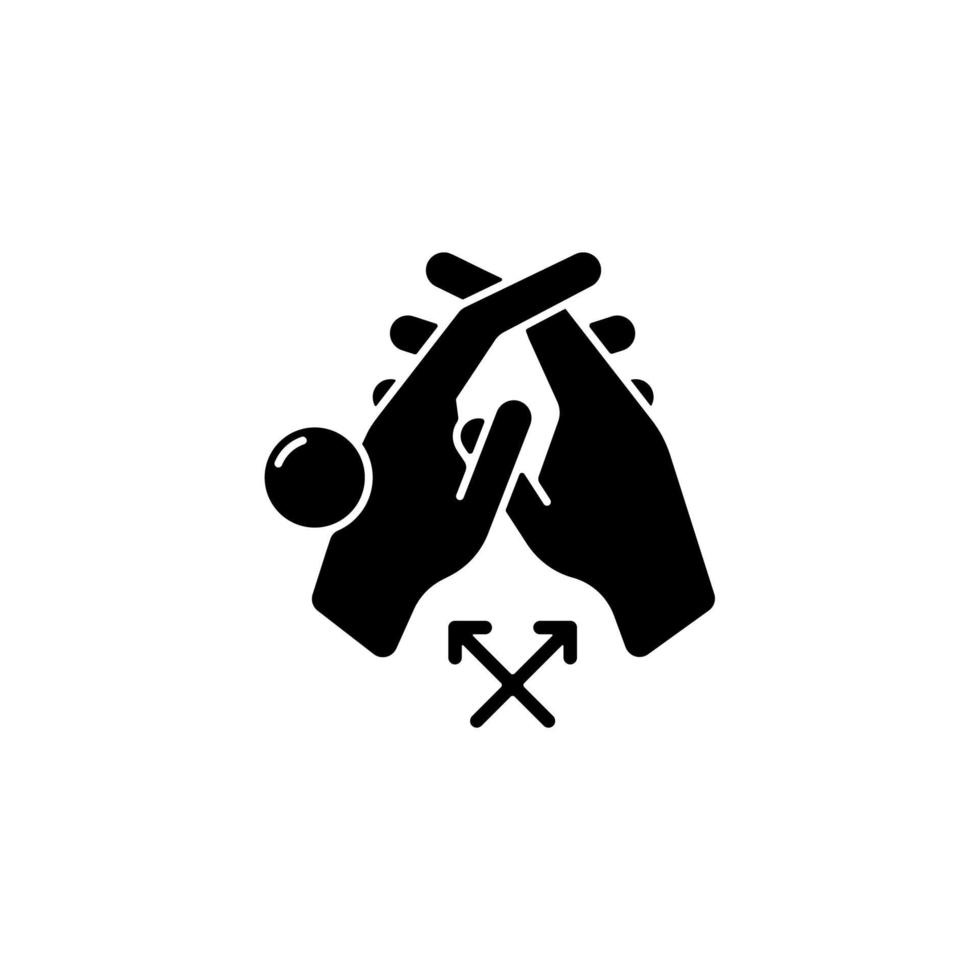 interlink vingers zwart glyph-pictogram. vuil tussen de vingers verwijderen. hand hygiëne. reiniging onder vingernagels. wassen met stromend water. silhouet symbool op witte ruimte. vector geïsoleerde illustratie