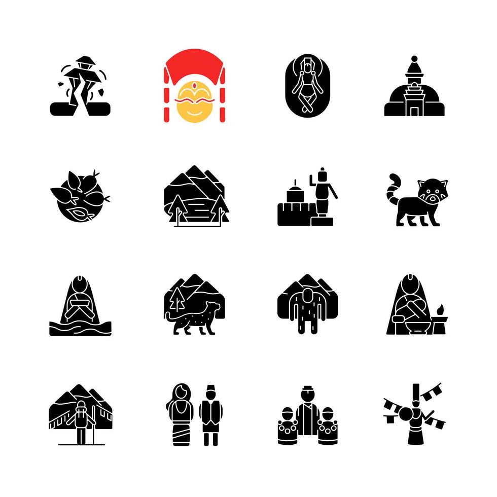 Nepal cultureel erfgoed zwarte glyph pictogrammen instellen op witruimte. religieuze feesten. Toeristische attracties. bestemming voor bergbeklimmen. architectuur. silhouet symbolen. vector geïsoleerde illustratie