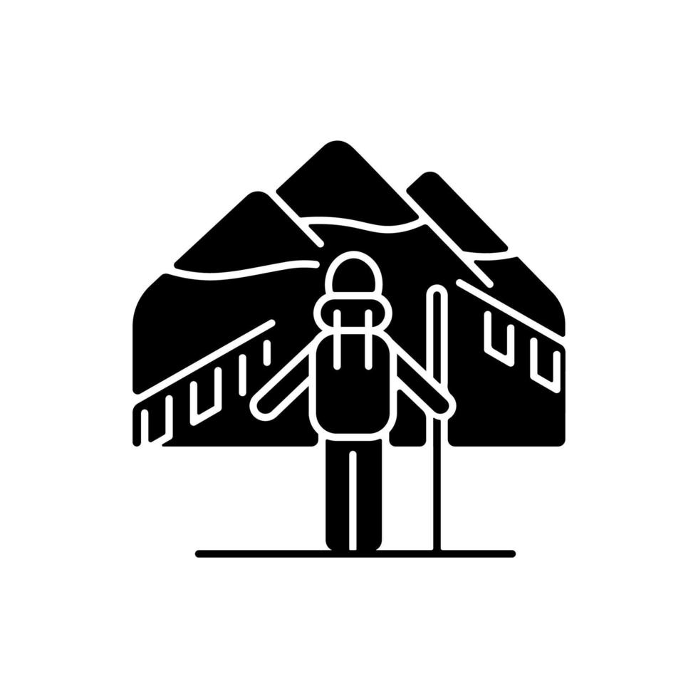 trekking in nepal zwart glyph-pictogram. bestemming voor bergbeklimmen. wandelen door de Himalaya. klim seizoenen. reis ervaring. silhouet symbool op witte ruimte. vector geïsoleerde illustratie