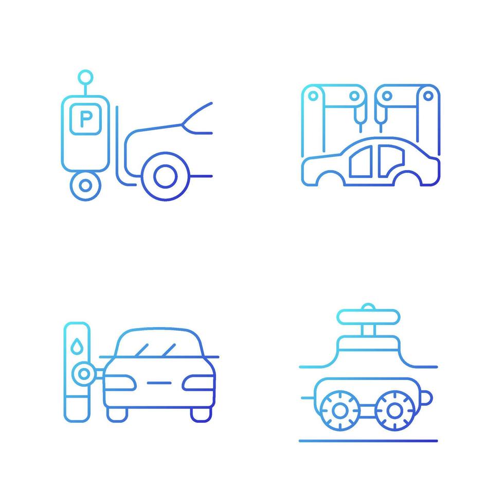 automatisering in de auto-industrie gradiënt lineaire vector iconen set. zelfrijdende heftruck. carrosserie samenstellen. dunne lijn contour symbolen bundel. geïsoleerde overzicht illustraties collectie