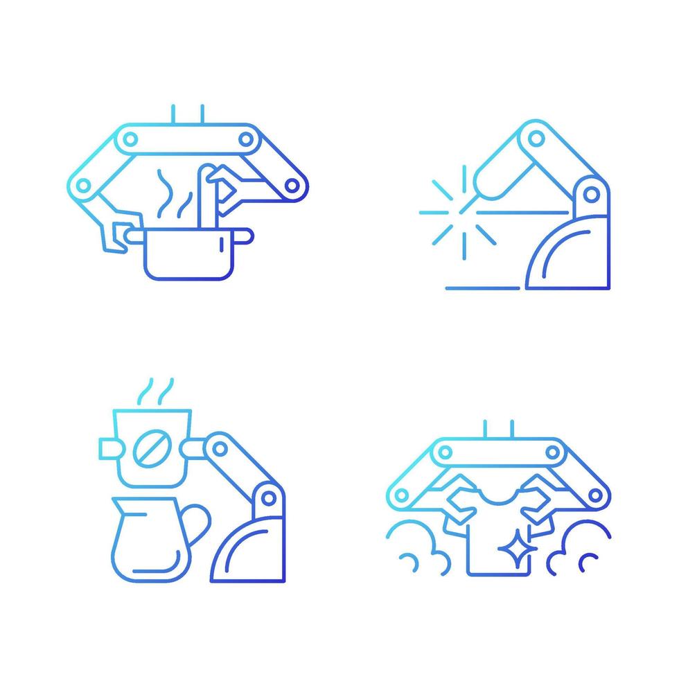 geautomatiseerde mechanische apparaten gradiënt lineaire vector iconen set. robot keuken. lasrobotica. koffiezetrobot. dunne lijn contour symbolen bundel. geïsoleerde overzicht illustraties collectie