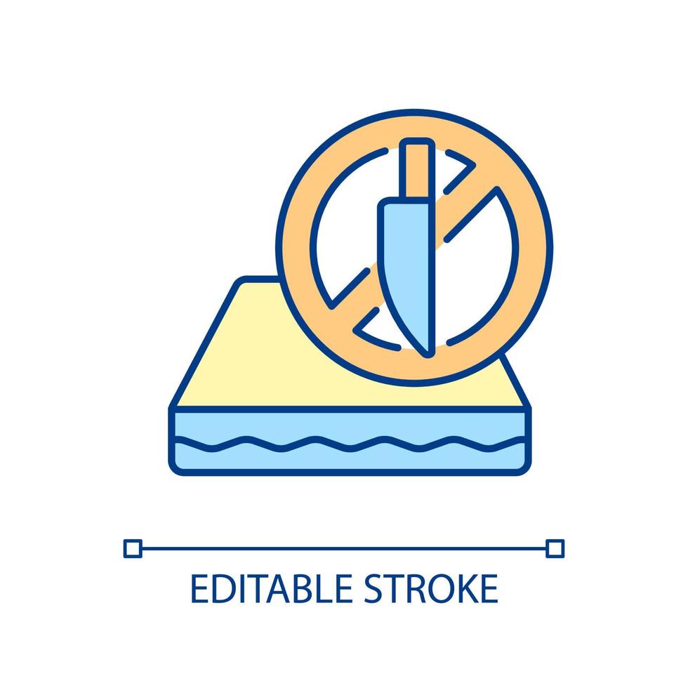 vermijd scherpe objecten rgb-kleurenpictogram. scherp mes kan leiden tot beschadiging van het matras. matras verzorgen. zorgvuldig onderhoud. aanbeveling gebruiken. geïsoleerde vectorillustratie. eenvoudige gevulde lijntekening vector