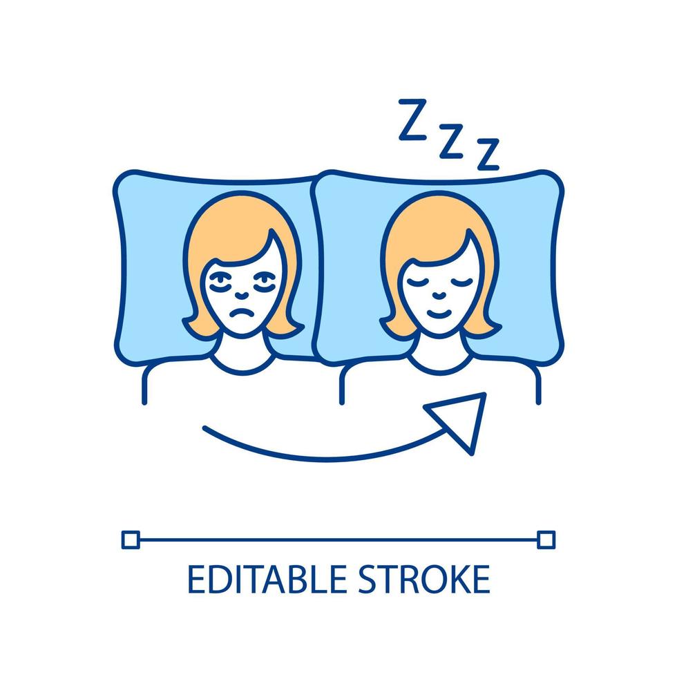 verbetering van de slaapkwaliteit rgb-kleurenpictogram. de kwaliteit en kwantiteit van de nachtrust verbeteren. fris en krachtig worden. gezond slapen. comfortabel kussen. geïsoleerde vectorillustratie. eenvoudige gevulde lijntekening vector