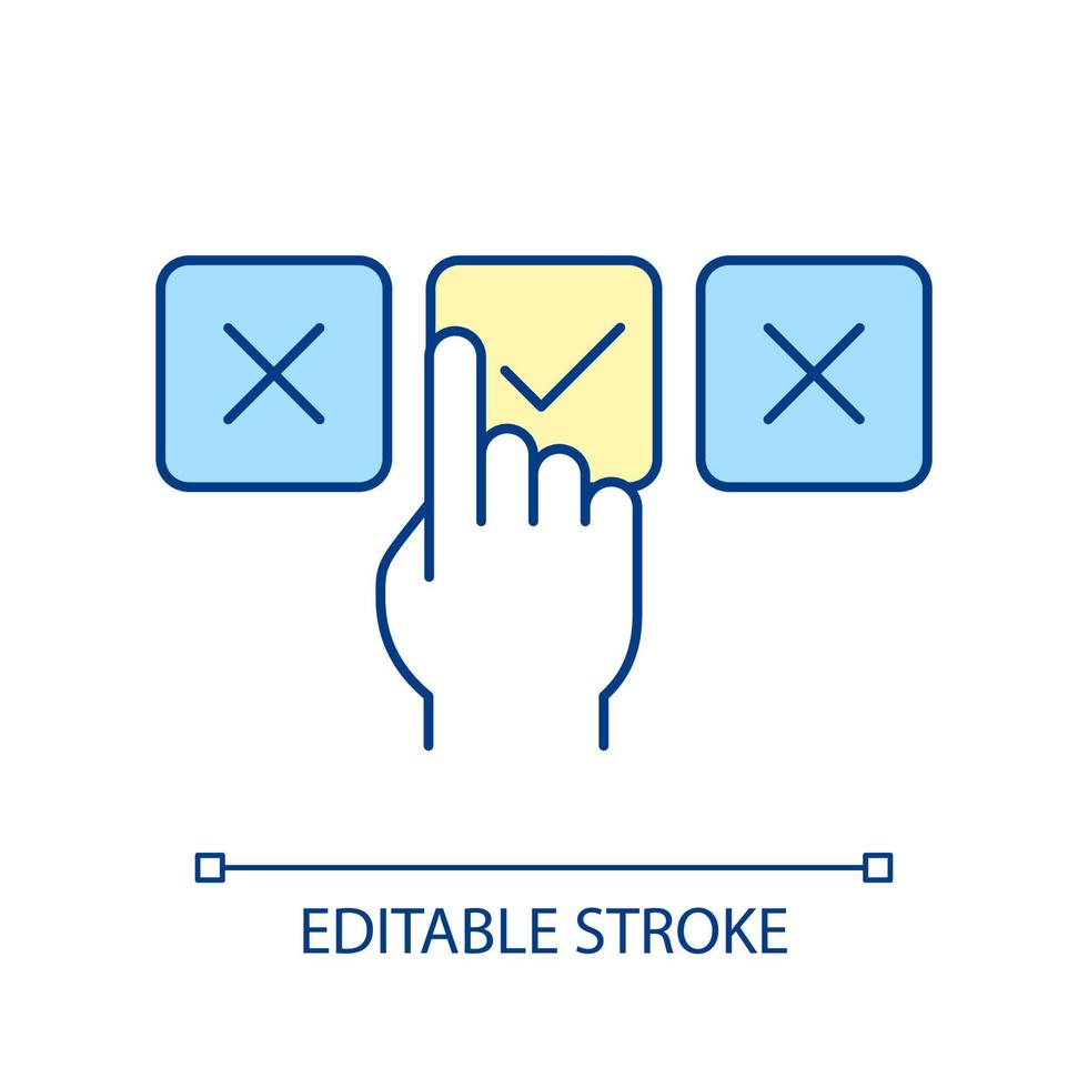 juiste keuze rgb-kleurpictogram. besluitvorming. het kiezen en selecteren van het beste alternatief. geschikte en passende keuze. Wijzen. geïsoleerde vectorillustratie. eenvoudige gevulde lijntekening vector