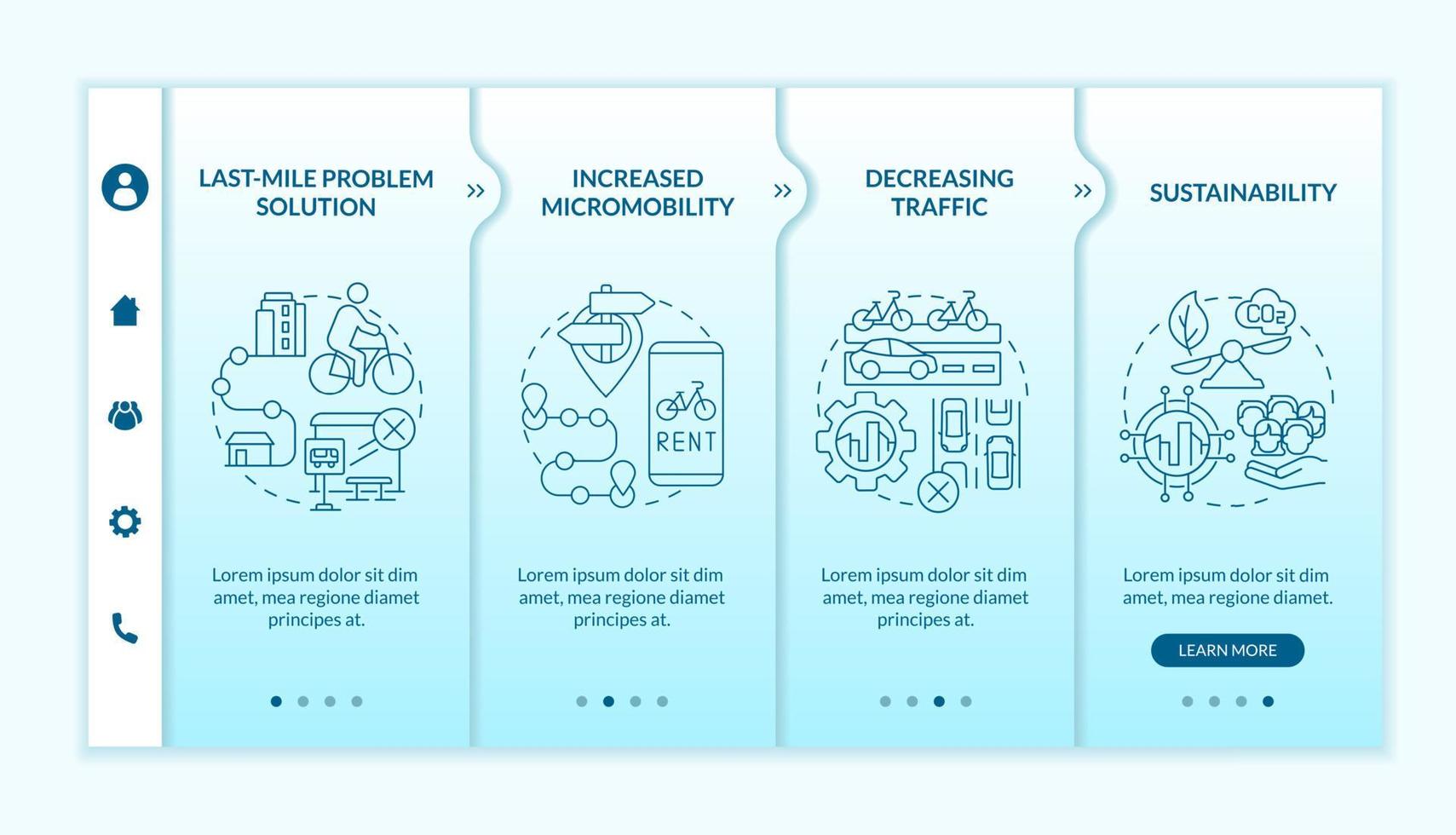 scooter delen voordelen onboarding vector sjabloon. responsieve mobiele website met pictogrammen. webpagina walkthrough 4 stap schermen. last-mile probleemoplossing kleurconcept met lineaire illustraties