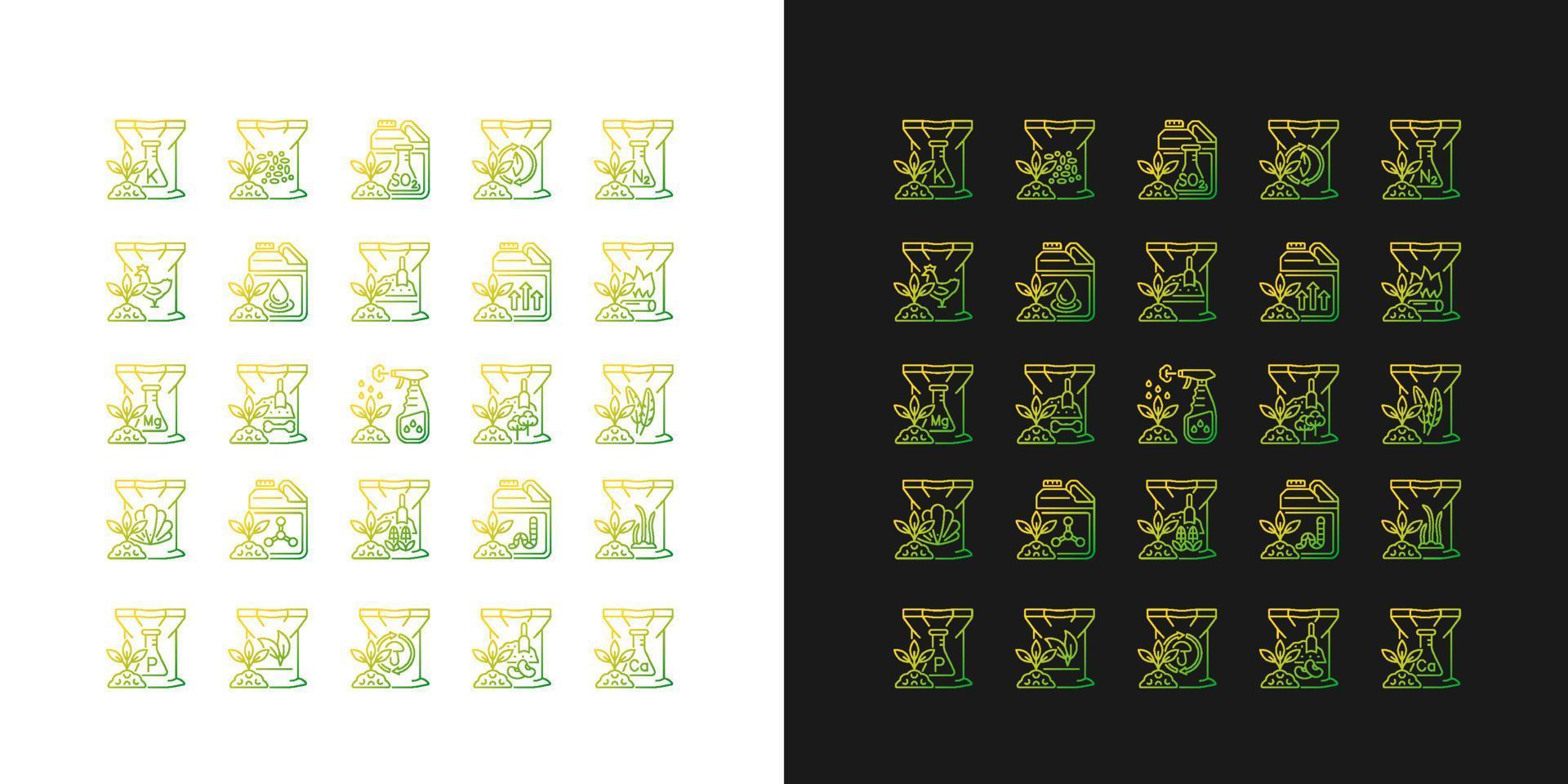 meststoffen type gradiëntpictogrammen ingesteld voor donkere en lichte modus. organische, chemische supplementen. dunne lijn contour symbolen bundel. geïsoleerde vector overzicht illustraties collectie op zwart-wit