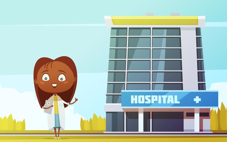 Vrouwelijke arts Cartoon beeldje op City Hospital vector