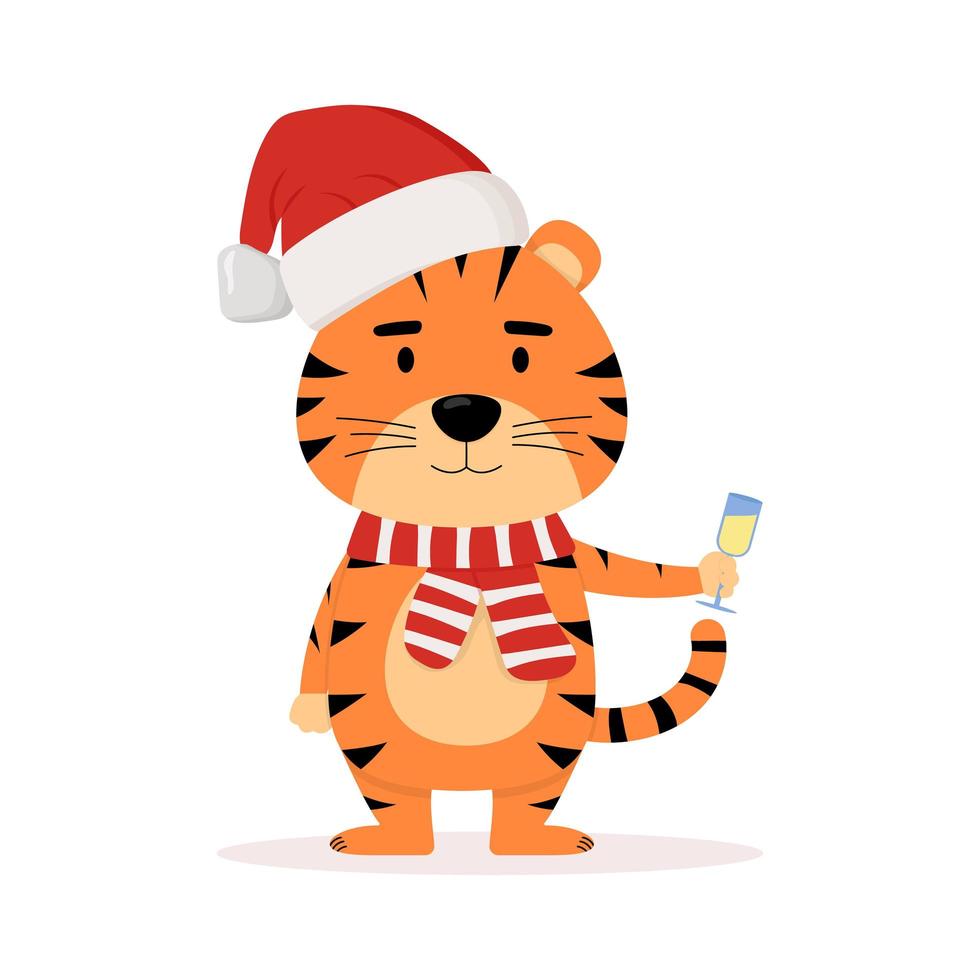 schattige cartoon tijger met kerstmuts en een glas champagne. grappig dier. platte vectorillustratie vector