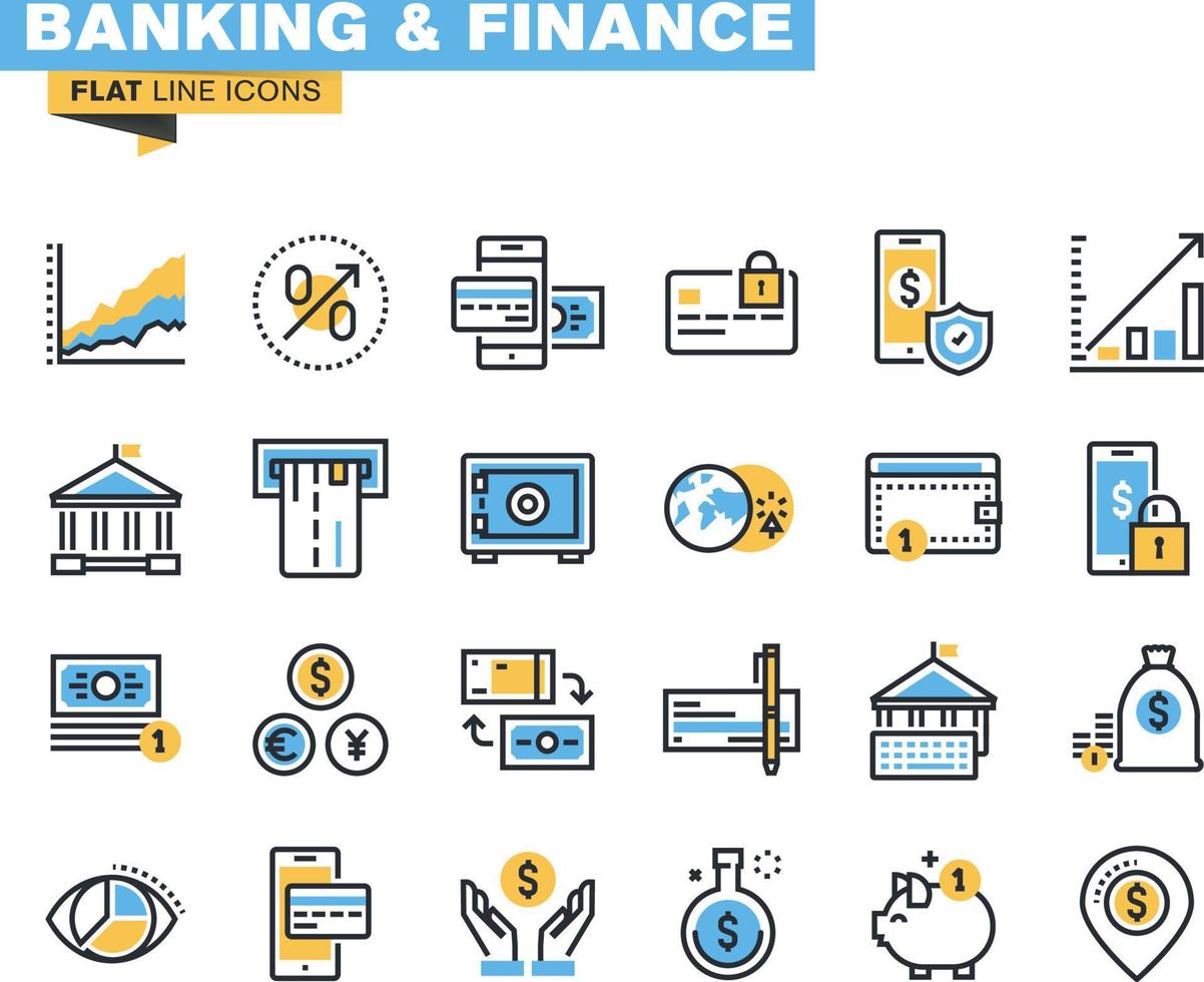 platte lijnpictogrammen voor bankieren, financiën, geldoverdracht, online betaling, m-bankieren, investeringen, sparen, internetbetalingsbeveiliging. vector